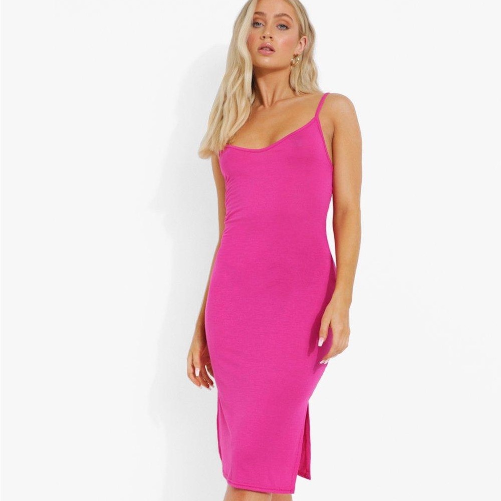 Strapped side slit midi dress hot pink